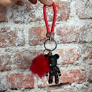Blingy Bear & Red Pom Pom Keychain